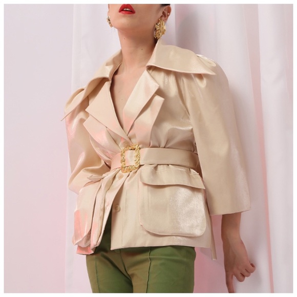 🎁 Cream Metallic Sheen Belted Jacket - Picture 2 of 14